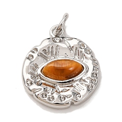 Платина Подвески из латуни и натурального тигрового глаза, с целью перехода в кольце, стойки покрытие, долговечный, плоский круглый шарм, платина, 18x15x4 мм, отверстие : 3.4 мм