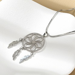 Нержавеющая Сталь Цвет Богемный 201 ожерелья из нержавеющей стали с плетеной сеткой и цветочным узором с подвесками в виде перьев, цвет нержавеющей стали, 21.42 дюйм (54.4 см)