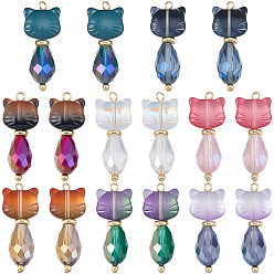 Mixed Color 16Pcs 8 Colors Cat Shape Glass Pendants, with Brass Loop, Golden, Faceted, Mixed Color, 35mm, Hole: 2mm, 2pcs/color