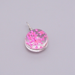 Hot Pink Transparent Glass Pendants, with Dried Flower inside and Stainless Steel Finding, Flat Round, Stainless Steel Color, Hot Pink, 20~23x15x12mm, Hole: 1.5mm