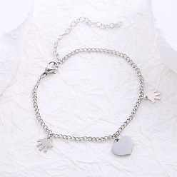 Нержавеющая Сталь Цвет Минималистичные браслеты с подвесками из нержавеющей стали, браслеты из цепочек панцирного плетения для женщин, рука и сердце, цвет нержавеющей стали