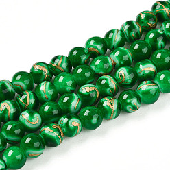Зеленый Выпечки нарисованных стеклянных бусин прядей, круглые, волочильных стиле, зелёные, 7.5~8.5 мм, отверстие : 1.2~1.4 мм, около 102~119 шт / нитка, 29.53~34.25 дюйм (75~87 см)