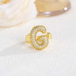 Letter G Латунные кольца из манжеты с прозрачным цирконием, буквы, реальный 18 k позолоченный, Буква G, внутренний диаметр: регулируемый