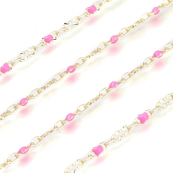 Pearl Pink Brass Oval Link Chains, with Enamel & Spool, Unwelded, Long-Lasting Plated, Real 18K Gold Plated, Pearl Pink, Oval link: 5.5x2x0.5mm and 2.8x1.8x0.5mm, about 32.8 Feet(10m)/roll
