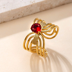 Рубин Ажурные кольца из нержавеющей стали со стразами, золотые, плоско-круглые, рубин, внутренний диаметр: регулируемый