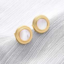 Настоящее золото 18K 304 серьги-гвоздики из натуральной белой ракушки из нержавеющей стали, плоско-круглые, ионное покрытие (ip), реальный 18 k позолоченный, 13 мм