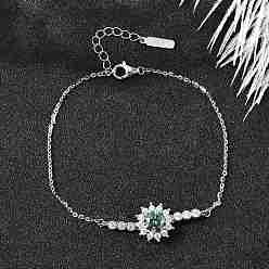 Платинированный 925 ссылка стерлингового серебра браслеты, браслеты-цепочки для женщин, цветок, с муассанитовым стразом, Реальная платина, 6-7/8 дюйм (17.5 см)