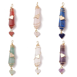 Сердце 6 шт. 6 стили натуральный сердолик и зеленый авантюрин и розовый кварц и кварцевый кристалл и лазурит и аметист ограненные сердечки-пули, обмотанные медной проволокой, с латунной бисера, золотые, сердце, 47~51x9~9.5x11~12 мм, отверстие : 3~5x3~4 мм, 1 шт / стиль