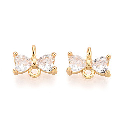 Bowknot Латунные подвески из прозрачного кубического циркония, реальный 18 k позолоченный, долговечный, без никеля , бантом, 7.1x10x3.2 мм, Отверстие : 1.4 мм & 1.2 мм