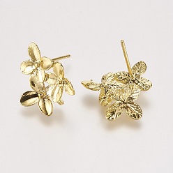 Золотой Медные серьги с гвоздиками, с петлей, цветок, золотые, 15x14x3 мм, отверстие : 2 мм, штифты : 0.5 мм