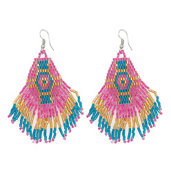 Pink Серьги-подвески с кисточками из стеклянного бисера в китайском стиле ручной работы с шестигранным узором, платина, розовые, 80x45 мм