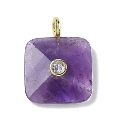 Аметист Граненые подвески из натурального аметиста, Квадратные подвески с латунным покрытием, инкрустированные кубическим цирконием., золотые, 33~34x25~25.5x7~8 мм, отверстие : 4 мм