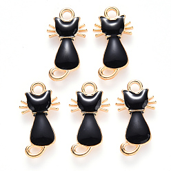 Black Alloy Enamel Pendants, Cat Shape, Light Gold, Black, 22x12x2~3mm, Hole: 2mm