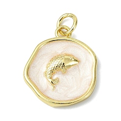 Настоящее золото 18K Подвески из латуни и эмали на тему океана, плоский круглый с рыбными чарами, долговечный, стойки покрытие, без свинца и без кадмия, реальный 18 k позолоченный, 17.5x15x2.5 мм, отверстие : 3.5 мм