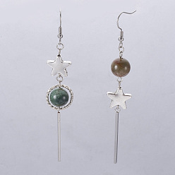 Indien Achat Natürliche indische Achatkugeln Ohrringe, mit Legierungssternperlen und 304 Edelstahlbefunden, Rund-und Rechteck, Edelstahl Farbe, 84~88 mm, Anhänger: 64~68 mm, pin: 0.6 mm