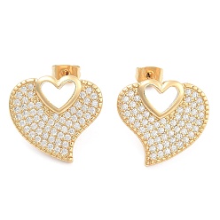 Golden Brass Micro Pave Clear Cubic Zirconia Stud Earrings, Heart, Golden, 18x20mm