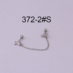 Rectangle Серьги-хрящи из латуни с прозрачным кубическим цирконием и цепочкой с кисточками, 316l асимметричные серьги из нержавеющей стали для женщин, цвет нержавеющей стали, прямоугольные, 6x3 мм, штифты : 0.8 мм