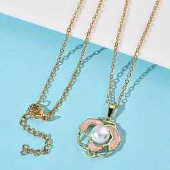 Настоящее золото 18K Латунный эмалированный розовый цветок 304 цепочка из нержавеющей стали для женщин, вакуумное покрытие pvd, с белым акриловым жемчугом, реальный 18 k позолоченный, 17.72 дюйм (45 см)