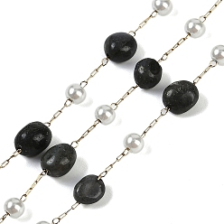 Лабрадорита Ионное покрытие (ip) 304 цепи для канцелярских скрепок из нержавеющей стали, с бусинами из натурального лабрадорита и жемчужинами из АБС-пластика, реальный 18 k позолоченный, 11x7x4x5 мм, около 32.81 футов (10 м) / рулон