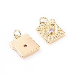 Настоящее золото 18K Латунные микро проложить кубического циркония прелести, с прыжковых колец, долговечный, квадрат с сердцем, розовые, реальный 18 k позолоченный, 14.4x11x2.2 мм, Перейти кольцо: 4.5x1 мм, отверстие : 2.8 мм