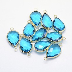 Темно-Голубой Золотистые латунные стеклянные каплевидные соединители, глубокое синее небо, 21x11x5 мм, отверстие : 2 мм