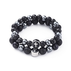 Black Couple Stretch Bracelets, with Cat Eye, Natural Agate, Non-Magnetic Synthetic Hematite and 304 Stainless Steel Enamel Beads, with Burlap Bags, Black, 5.5cm, 6cm, 2pcs/set