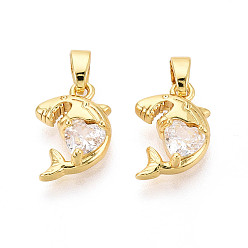 Настоящее золото 18K Латунные микропаве прозрачные кубические циркониевые подвески, акула с подвесками в виде сердечек, реальный 18 k позолоченный, 14.5x10x4 мм, отверстие : 4.5x2 мм