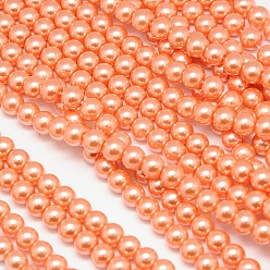 Coral Eco-Friendly Dyed Glass Pearl Round Beads Strands, Grade A, Cotton Cord Threaded, Coral, 10mm, Hole: 0.7~1.1mm, about 42pcs/strand, 15 inch