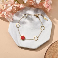 Темно-Красный Ионное покрытие (ip) 304 браслеты из нержавеющей стали, ювелирные изделия из кабельной цепи для женщин, с эмалью, цветок, темно-красный, 7-1/8 дюйм (18 см)