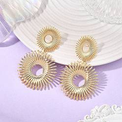 Golden Brass Dangle Stud Earrings for Women, Double Flower, Golden, 62x37mm