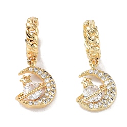 Clear Golden Brass Dangle Hoop Earrings, with Cubic Zirconia, Moon, Clear, 25x11mm