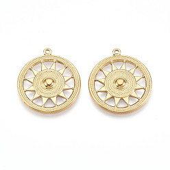 Настоящее золото 18K 304 подвески из нержавеющей стали, ионное покрытие (ip), плоский круглый с солнечными чарами, реальный 18 k позолоченный, 25x22x2 мм, отверстие : 1.2 мм