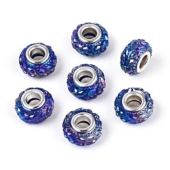 Королевский синий Непрозрачная смола европейский бисер, бусины с большим отверстием, рондель с латунными сердечниками, покрытыми серебром, королевский синий, 13.5~14x8.2~9 мм, отверстие : 5 мм