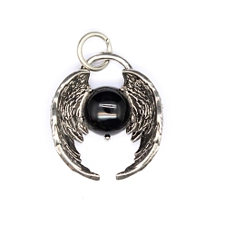 Обсидиан Природные подвески обсидиана, круглые шары с металлическими крыльями ангела, античное серебро, 26x22 мм