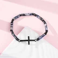 (306FM) Жонкиль матовый с лаймовой подкладкой Браслеты из натуральной синей яшмы с бусинами, браслеты из нержавеющей стали с поперечными связями для женщин и мужчин, с синтетическим гематитом, внутренний диаметр: 2-1/8 дюйм (5.45 см)