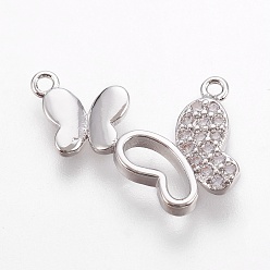Платинированный Латунные микро проложить кубического циркония подвески, без свинца, без кадмии и без никеля, долговечный, бабочка, прозрачные, Реальная платина, 14.5x20.5x2.5 мм, отверстие : 1.2 мм