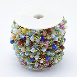 Золотой Стекла ручной работы из бисера цепи, несварные, без свинца и без кадмия, с катушкой, с латунным штифтом, долговечный, граненые, шайба, золотые, 14x6 мм, около 32.8 футов (10 м) / рулон