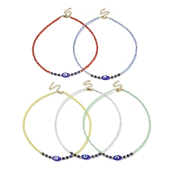 Mixed Color Natural Lapis Lazuli & Lampwork Evil Eye & Seed Beaded Necklace, Mixed Color, 14.84~14.96 inch(37.7~38cm)