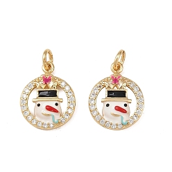 Снеговик Рождественские латунные эмалевые подвески с микропаве из кубических цирконий, с целью перехода в кольце, без свинца и без кадмия, долговечный, стойки покрытие, реальный 18 k позолоченный, снеговик, 13x10.5x3 мм, отверстие : 2 мм