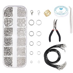 Couleur Mélangete Kits de bijoux diy, en laiton Anneaux, Fermoir mousqueton, fermoirs de homard en alliage de zinc , imitation cordon en cuir, 304 pince à épiler en acier inoxydable et pince à bijoux à nez courbé en acier au carbone, couleur mixte, 7x1mm, diamètre intérieur: 5 mm