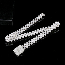 Rectangle Эластичные цепочные ремни из сплава и акрила с бусинами-имитаторами, белые, серебряный цвет гальваническим, прямоугольные, 600~800 мм