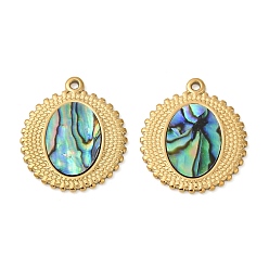 Настоящее золото 18K 304 подвески из натуральной ракушки пауа из нержавеющей стали, плоские круглые прелести, ионное покрытие (ip), реальный 18 k позолоченный, 23x20.5x2 мм, отверстие : 1.4 мм