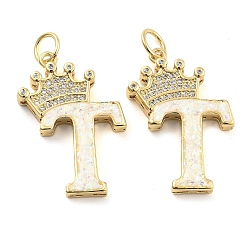 Letter T Латунные микропаве прозрачные подвески с фианитом, без кадмия и без свинца, с синтетическим опалом, реальный 18 k позолоченный, с целью перехода в кольце, Письмо T, 26.5~33x14~23.5x3.5~4.5 мм, отверстие : 4.5 мм