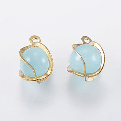 Pale Turquoise Cat Eye Charms, with Brass Finding, Round, Golden, Pale Turquoise, 13.5x10mm, Hole: 1mm
