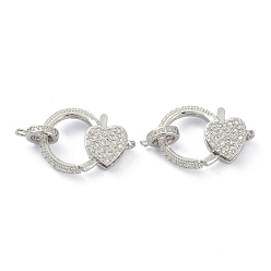 Платинированный Покрытие стойки латунные прозрачные застежки-лобстеры с кубическим цирконием, с поручнями/трубчатыми поручнями, долговечный, сердце, Реальная платина, 22x15x5 мм, отверстие : 1.4 мм