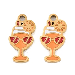 Dark Orange 304 Stainless Steel Enamel Pendants, Wine Glass Charms, Ion Plating(IP), Golden, Dark Orange, 15x8x1.5mm, Hole: 1.6mm