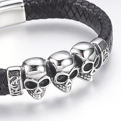 Antique Silver Leather Cord Bracelets, with 304 Stainless Steel Findings and Magnetic Clasps, Skull, Antique Silver, 8-7/8 inch(225mm)