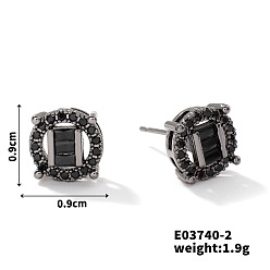 Плоский Круглый Латунь серьги, с кубического циркония, чёрные, плоско-круглые, 9x9 мм