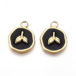 Черный 304 подвески из нержавеющей стали, с эмалью, плоский круглый с подвесками «рыбий хвост», ионное покрытие (ip), реальный 18 k позолоченный, чёрные, 16.5x13x2.5 мм, отверстие : 2.5 мм