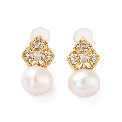Real 18K Gold Plated Flower Natural Pearl Stud Earrings for Women, Sterling Silver Ear Stud, Real 18K Gold Plated, 16x9mm